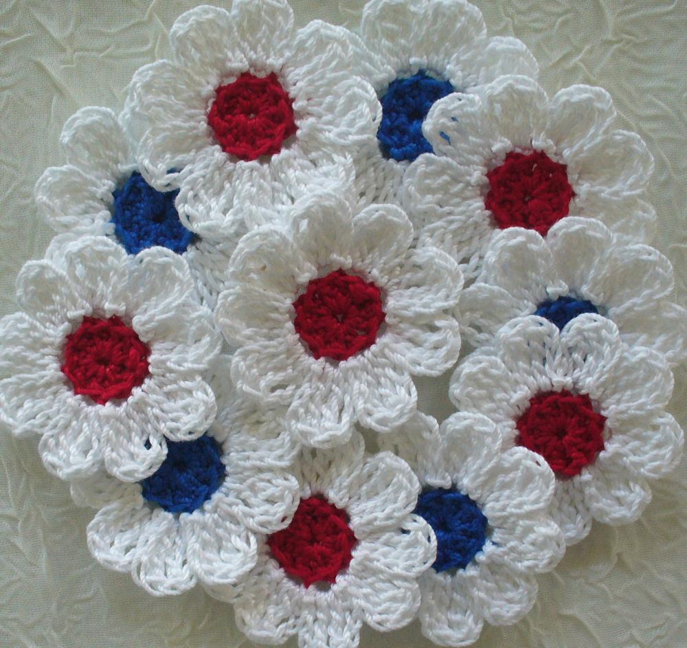 Red, White and Blue Crochet Daisy Flowers - set of 16 Appliques, Embellishments