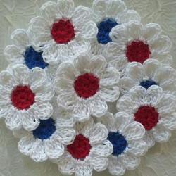 Red, White and Blue Crochet Daisy Flowers - set of 16 Appliques, Embellishments